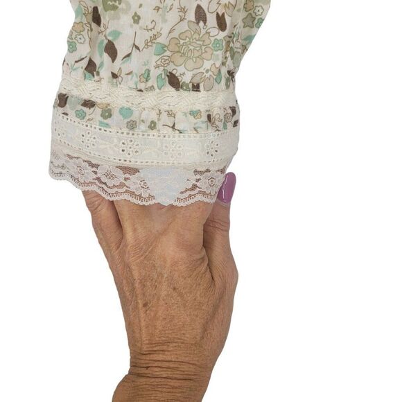 Vintage Ditsy Floral Blouse 18W/20W Green Lace Bib Button Boho Cottagecore - Picture 6 of 12